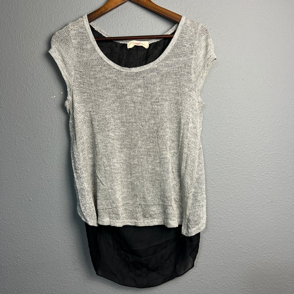 Blushed XL Gray‎ Knit Top Black Chiffon Semi Sheer High Low Bow Back Sleeveless